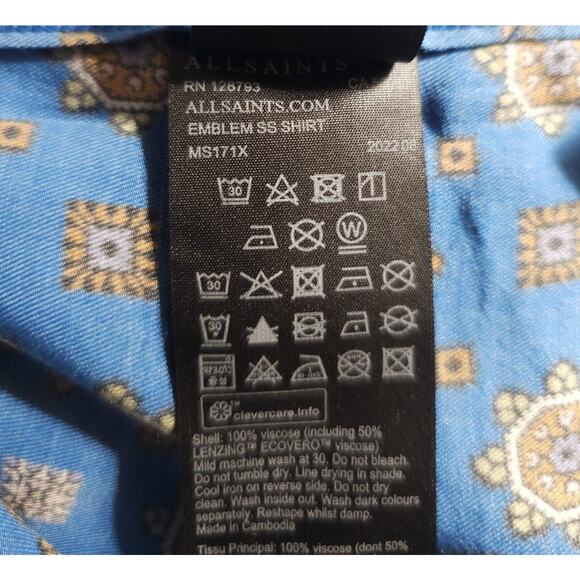ALLSAINTS Emblem Patterned Relaxed Fit Short Sleeve Blue Shirt NOWT - Picture 6 of 7